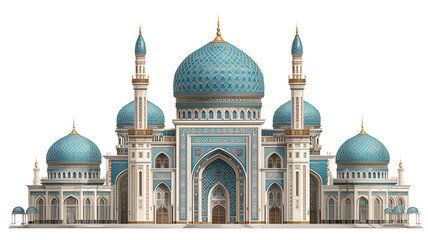 Grand mosque with intricate blue tiled domes and towering minarets, featuring ornate islamic architecture on display