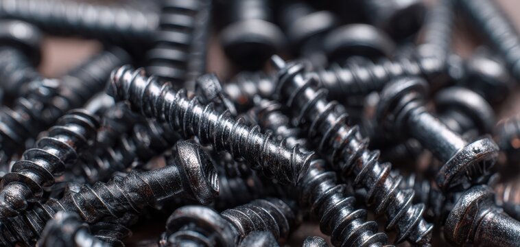 The metal screws macro close-up textured pile of black galvanized industrial hardware