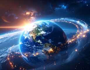 Earth from Space with Glowing Lights and Energy Trails.
