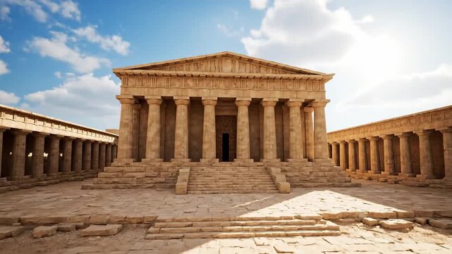 Ancient Greek Temple With Stone Columns Under A Sunny Blue Sky With Wispy Clouds And Bright Sunlight Creating Shadows On The Ground Architectural Landmark In A Historical Archaeological Site