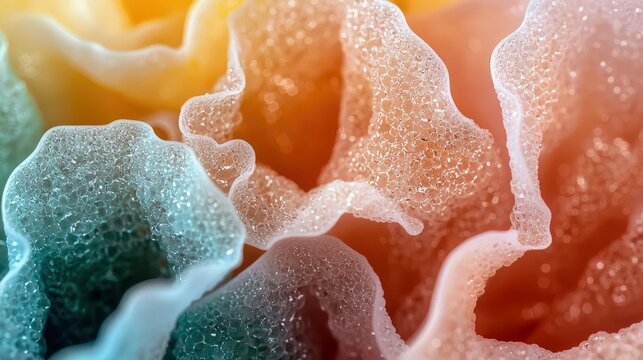 Close-up of abstract foam formations with a gradient of colors, showcasing textures and soft lighting. - Powered by Adobe