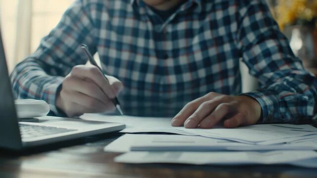 A man sitting at a desk working on documents, writing with a pen.