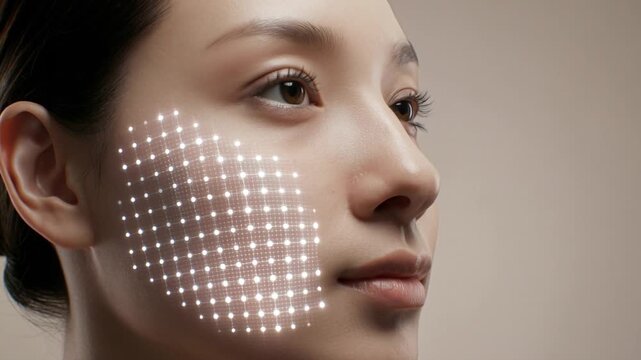 Advanced technology projecting a glowing grid onto a asian woman's face for skin analysis and treatment