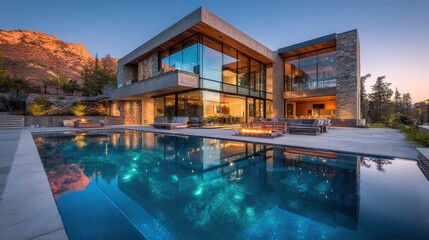 Fototapeta premium Modern luxury house with pool, fire pit, mountain background and sunset. Perfect for advertising high end real estate or architectural design.
