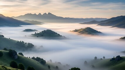 Scenic mountain range landscape with morning fog blanketing valleys and rolling hills