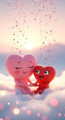 Cartoon hearts holding hands among soft clouds and glowing particles