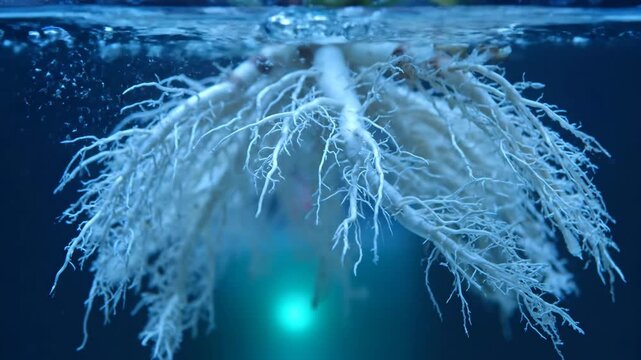 Plant roots underwater, close-up shot of root system and water