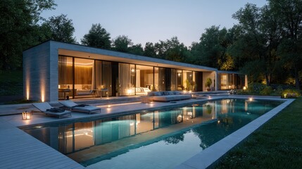 Luxury house with a pool at dusk, and trees in the background. Ideal for showcasing upscale living or architectural design.
