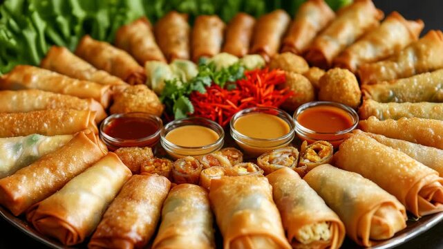 A plate filled with tasty spring rolls, accompanied by a variety of dipping sauces.