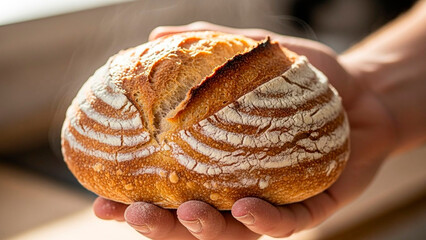 Warm, freshly baked sourdough bread held gently in hand, inviting you to savor its delicious aroma and rustic charm, perfect for food blogs or bakery ads