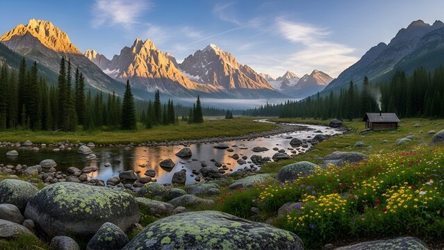 Majestic mountain valley landscape with river, cabin, wildflowers, and clear sky
