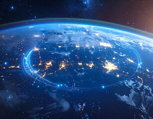 Earth from space with glowing network connections overlay.