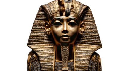 Pharaoh gold statue featuring detailed ancient facial features and ornate royal craftsmanship displayed in striking regal presentation on white background