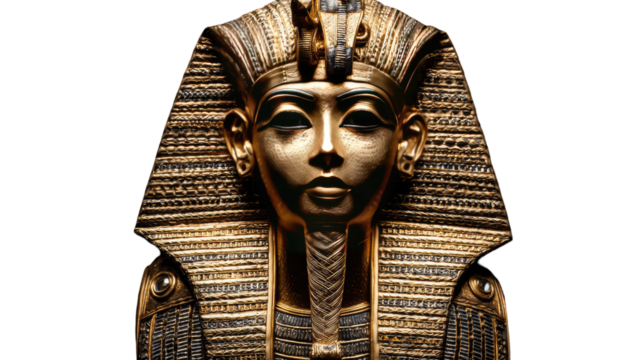 Pharaoh gold statue featuring detailed ancient facial features and ornate royal craftsmanship displayed in striking regal presentation on white background