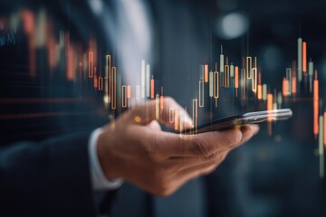 Hand holding smartphone with glowing stock market candlestick chart overlay