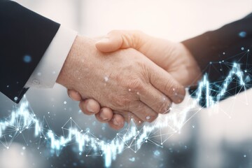Business handshake overlaid with glowing digital data graph visualization