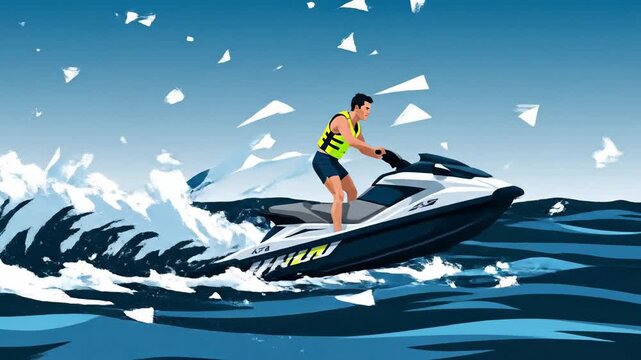 Jet Ski Rider Performing Stunts On Vibrant Waves Under A Clear Azure Sky For Speed