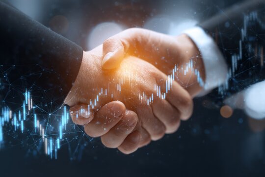 Business handshake overlaid with glowing financial data charts and network.