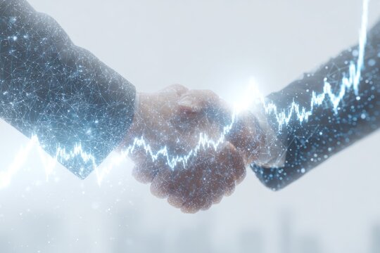 Digital handshake overlaid with glowing financial chart data. - Powered by Adobe