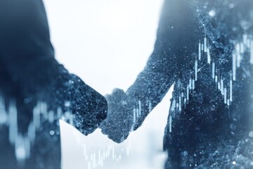 Business handshake overlaid with digital data and financial charts.