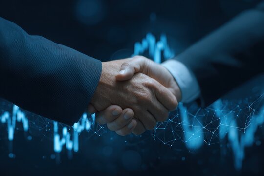 Business handshake over abstract blue digital finance data visualization.