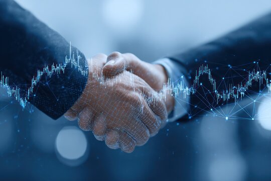 Business handshake overlaid with digital data charts and network lines.