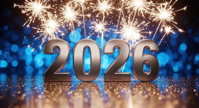 Silver 2026 numbers with sparkling fireworks and bokeh lights