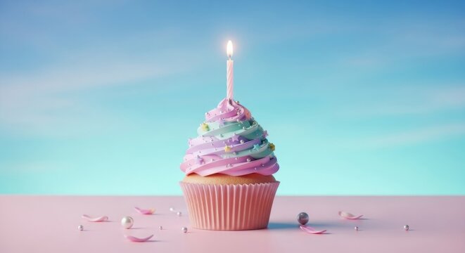 Single lit birthday cupcake with pastel frosting and sprinkles