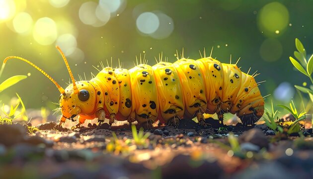 Yellow, spotted caterpillar crawls on dirt amidst green leaves, bathed in sunlight and bokeh - Powered by Adobe