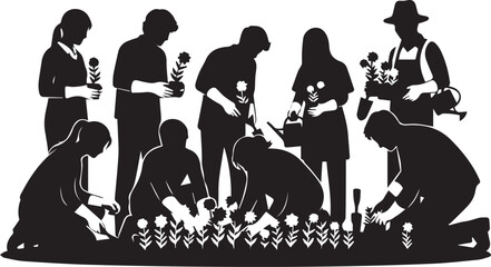 Diverse group of volunteers planting flowers and gardening on international volunteer day celebration