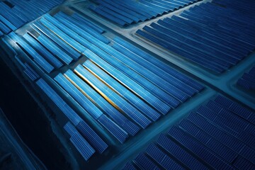 Obraz premium Stunning aerial view of a vast solar panel farm harnessing renewable energy from the sun, powering a sustainable future with clean electricity generation