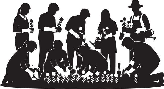 Diverse group of volunteers planting flowers and gardening on international volunteer day celebration - Powered by Adobe