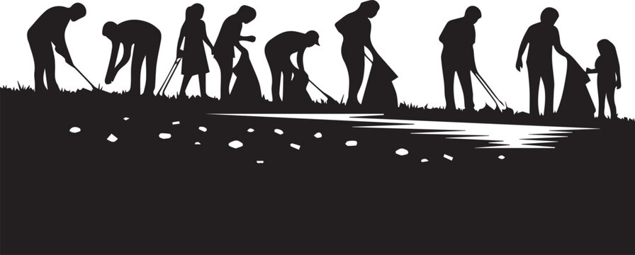 Diverse people silhouettes cleaning up nature landscape on international volunteer day