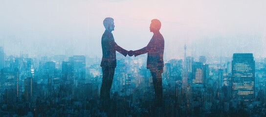 Double exposure of businessmen shaking hands over a blue city skyline.