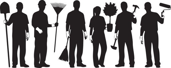 Diverse group of people silhouettes holding tools for volunteering and community service
