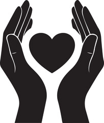 Two black hands gently cupping a black heart symbol representing charity and care