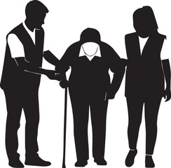 International volunteer day concept three silhouettes helping elderly person with cane