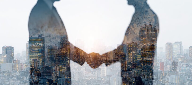 Double exposure of business handshake over glowing city skyline