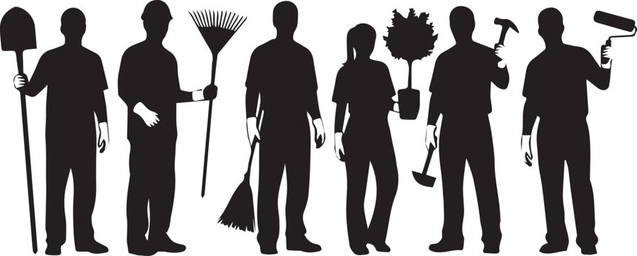 Diverse group of people silhouettes holding tools for volunteering and community service