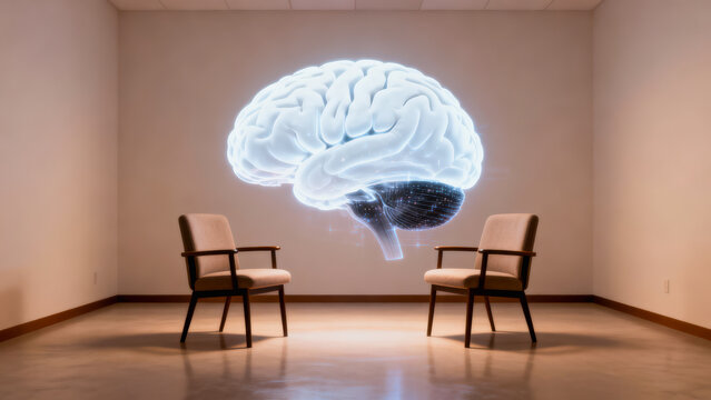 Calm therapy room two chairs glowing brain hologram mental health counseling space minimal design warm light modern interior serene mood