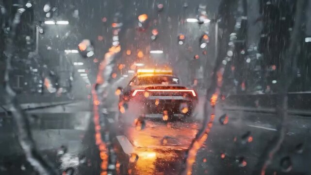 Futuristic autonomous vehicle races through pouring rain with emergency lights flashing in a dystopian cityscape at night