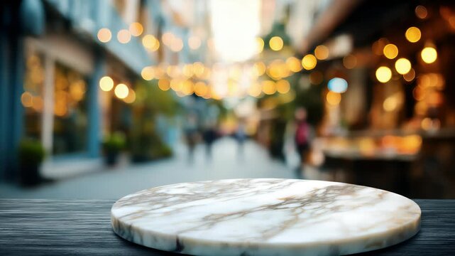 empty table marble blur background of street cafe with bokeh light, Advertisement, Print media, Illustration, Banner, for website, copy space, for word, template, presentation