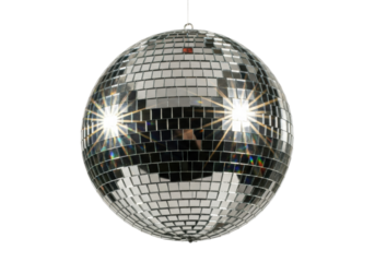 an optically perfect holographic disco mirror ball, dynamically scattering red, blue, and gold prismatic light flares from hard directional spotlights against a transparent studio backdrop, concept of