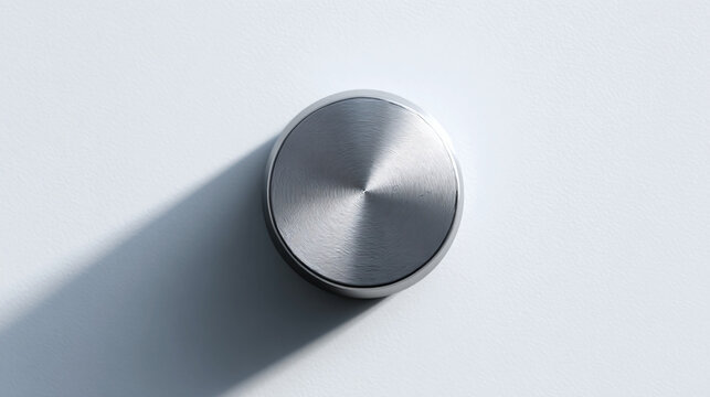 A close-up shot of a metallic, circular button casting a shadow