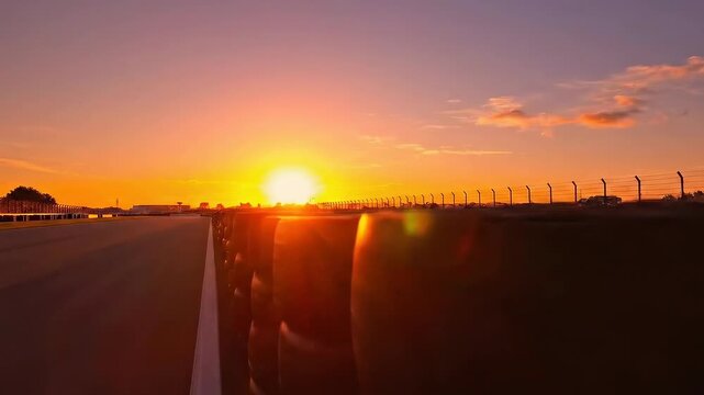 Dramatic racing tires stacked along racetrack at sunset offers powerful imagery for automotive industry or motorsport events