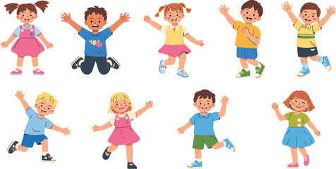 Cute cartoon illustration set of happy children jumping, dancing and playing with joyful expressions, colorful outfits and energetic fun kid activity poses