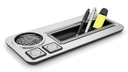 Silver desk organizer holding pens, a highlighter, paperclips, and two compartments