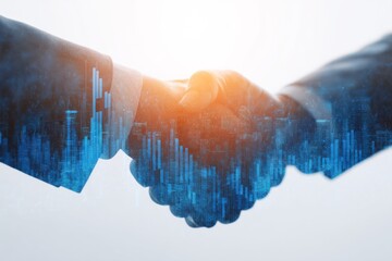 Double exposure handshake overlaid with digital city and bar graphs.
