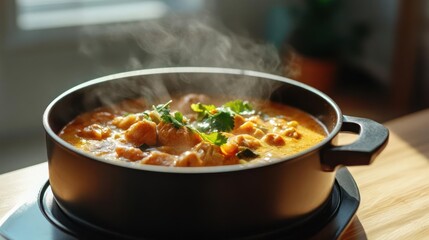 Steaming pot of delicious chicken curry garnished with fresh herbs in natural light.