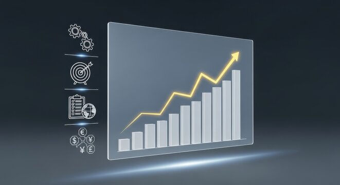 Digital 3d bar chart with upward trending arrow on a transparent screen